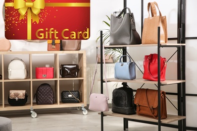 Store gift card. Collection of stylish woman's bags in modern shop