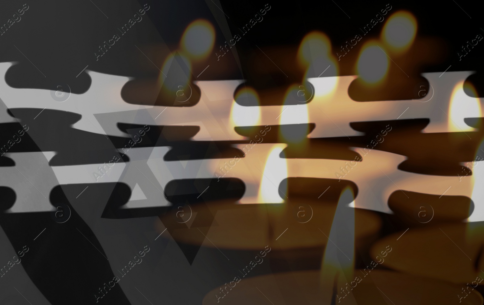 Image of Holocaust Remembrance Day. Double exposure of Israel flag and burning candles