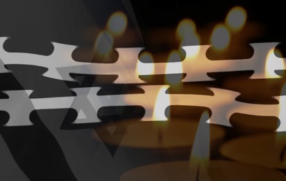 Image of Holocaust Remembrance Day. Double exposure of Israel flag and burning candles