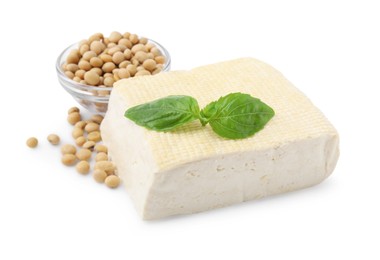 Delicious tofu cheese, basil and soybeans isolated on white