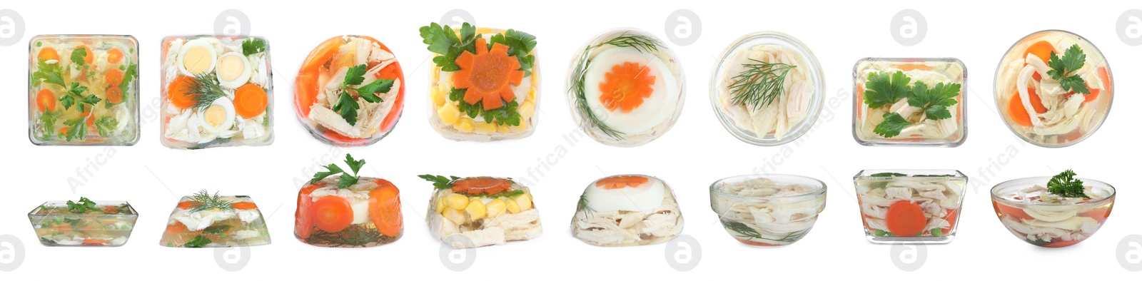 Image of Set with different delicious homemade aspics on white background. Banner design