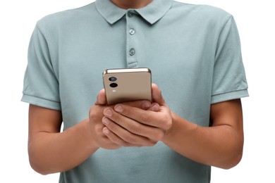 Young man sending message via smartphone on white background, closeup