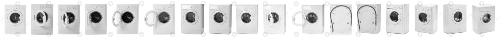 Image of Set with modern washing machines on white background. Banner design