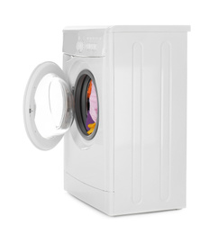 Photo of Modern washing machine with laundry isolated on white