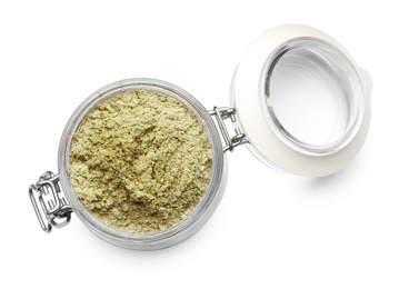 Jar of hemp protein powder isolated on white, top view