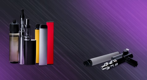 Different electronic smoking devices on color background. Banner design