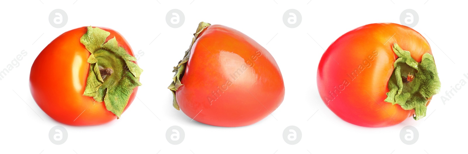 Image of Set of delicious fresh ripe persimmons on white background. Banner design