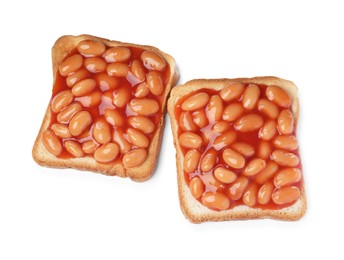 Delicious bread slices with baked beans on white background, top view