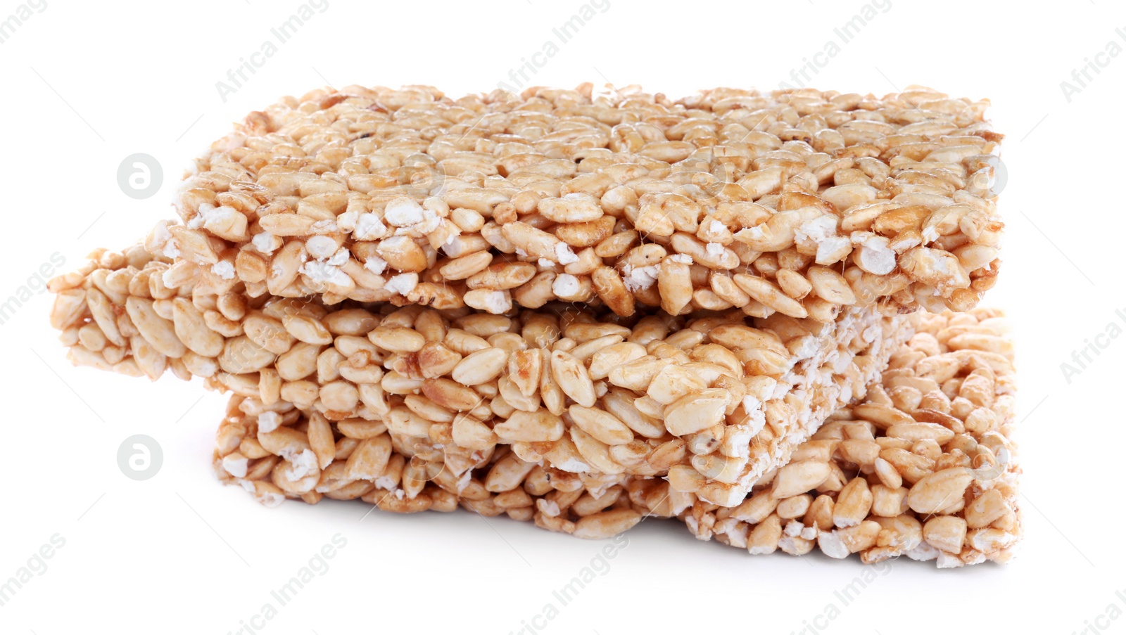 Photo of Delicious rice crispy treats on white background