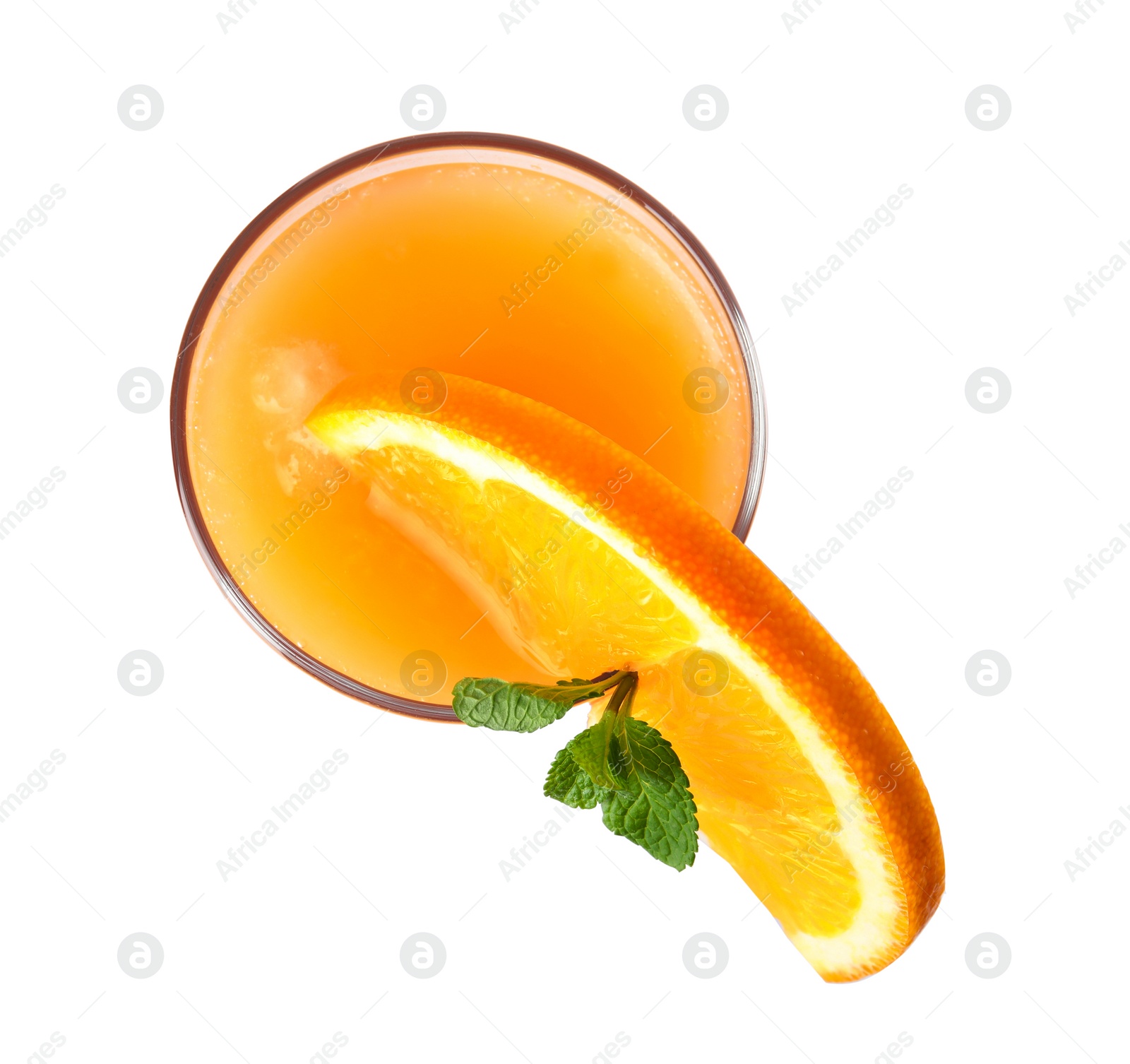 Photo of Fresh alcoholic Tequila Sunrise cocktail isolated on white, top view