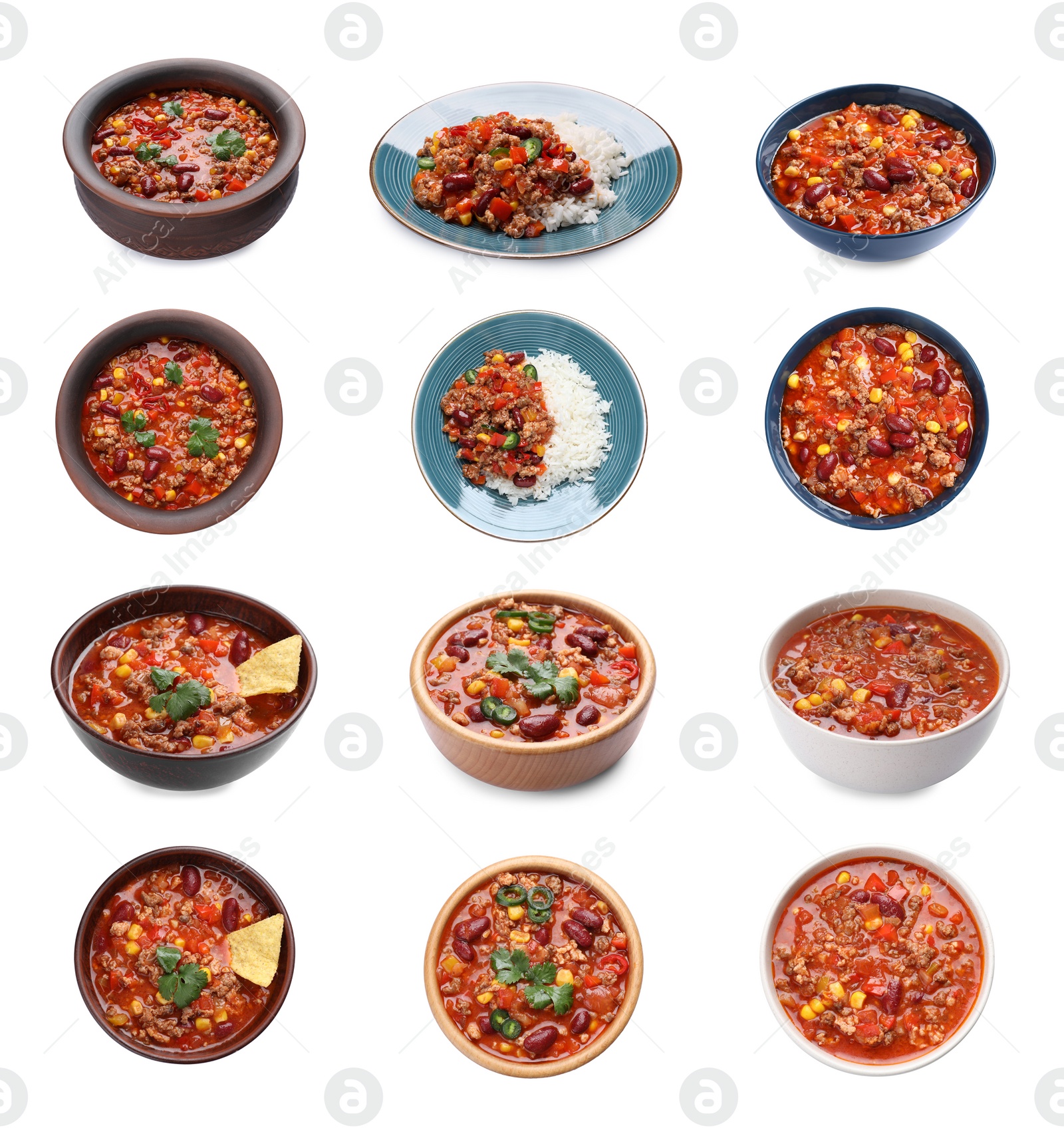 Image of Set with tasty chili con carne on white background 