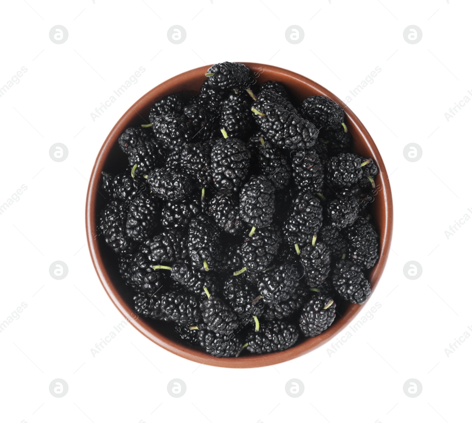 Photo of Delicious ripe black mulberries in bowl on white background, top view