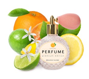 Image of Bottle of perfume with citrus scent on white background