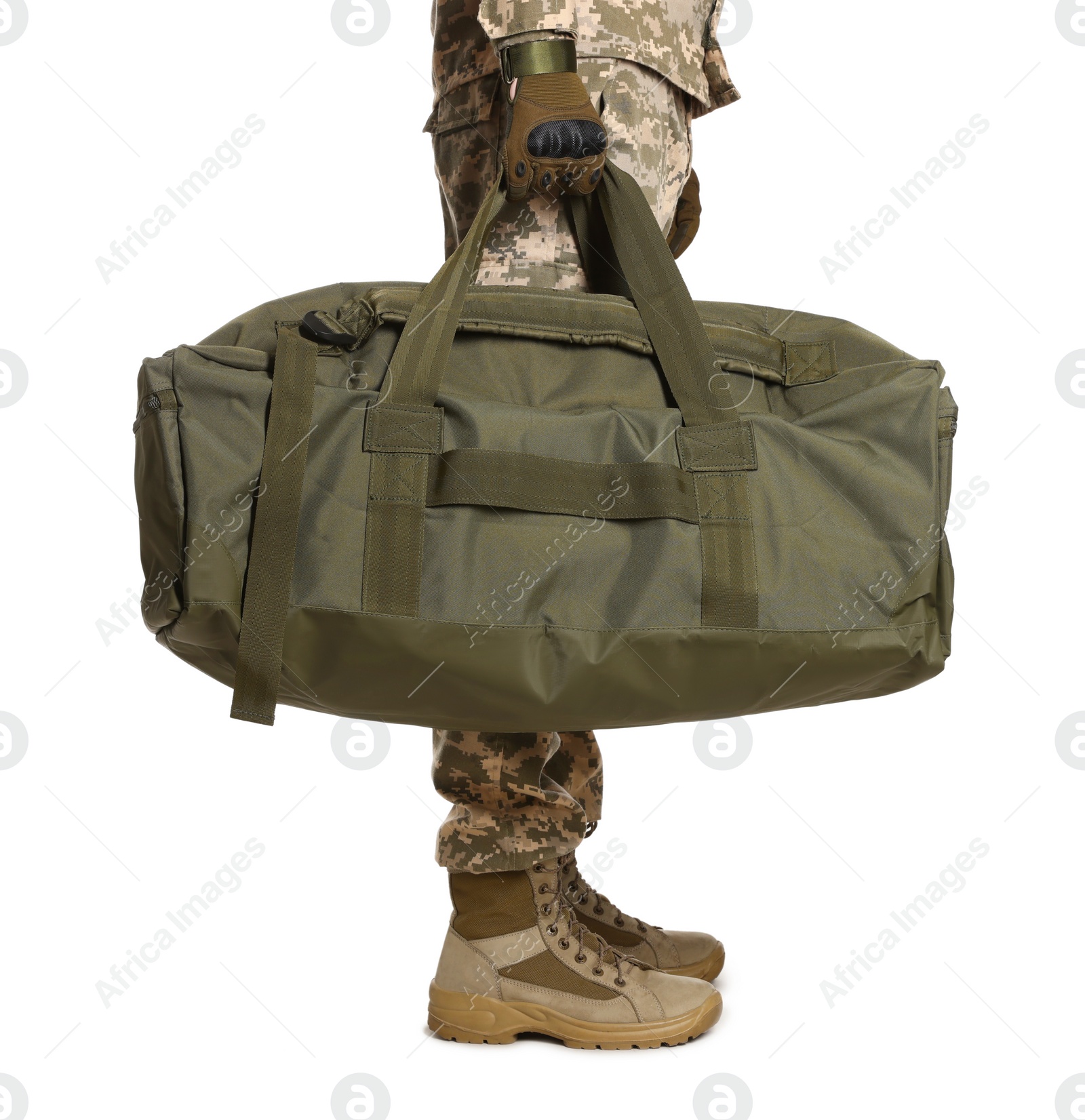 Photo of Ukrainian soldier in military uniform with army bag on white background, closeup