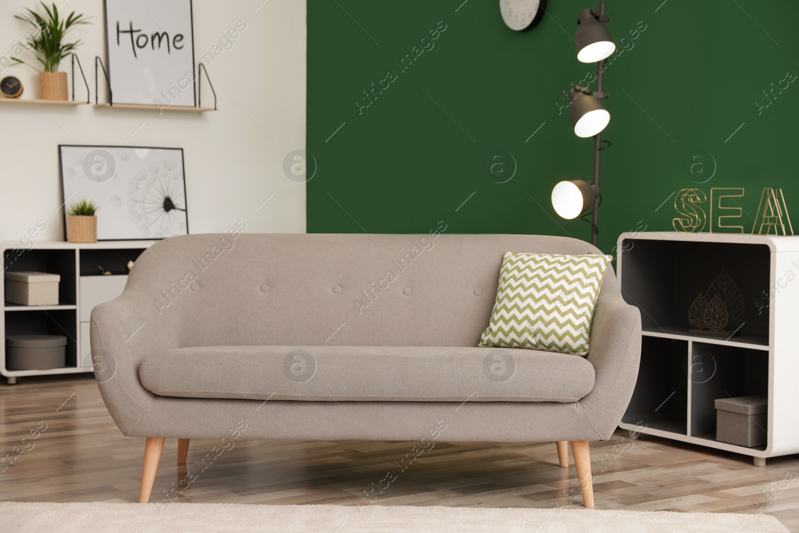 Photo of Modern interior of living room with stylish sofa. Contemporary design