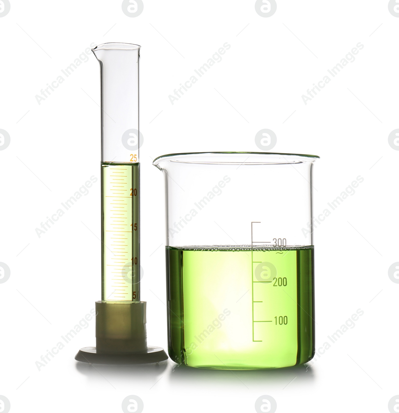 Photo of Chemistry laboratory glassware with samples isolated on white