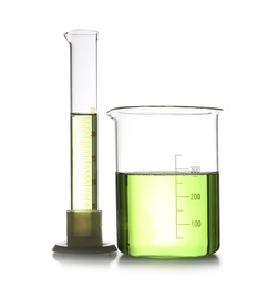 Chemistry laboratory glassware with samples isolated on white