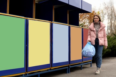Photo of Woman throwing garbage at recycling point outdoors