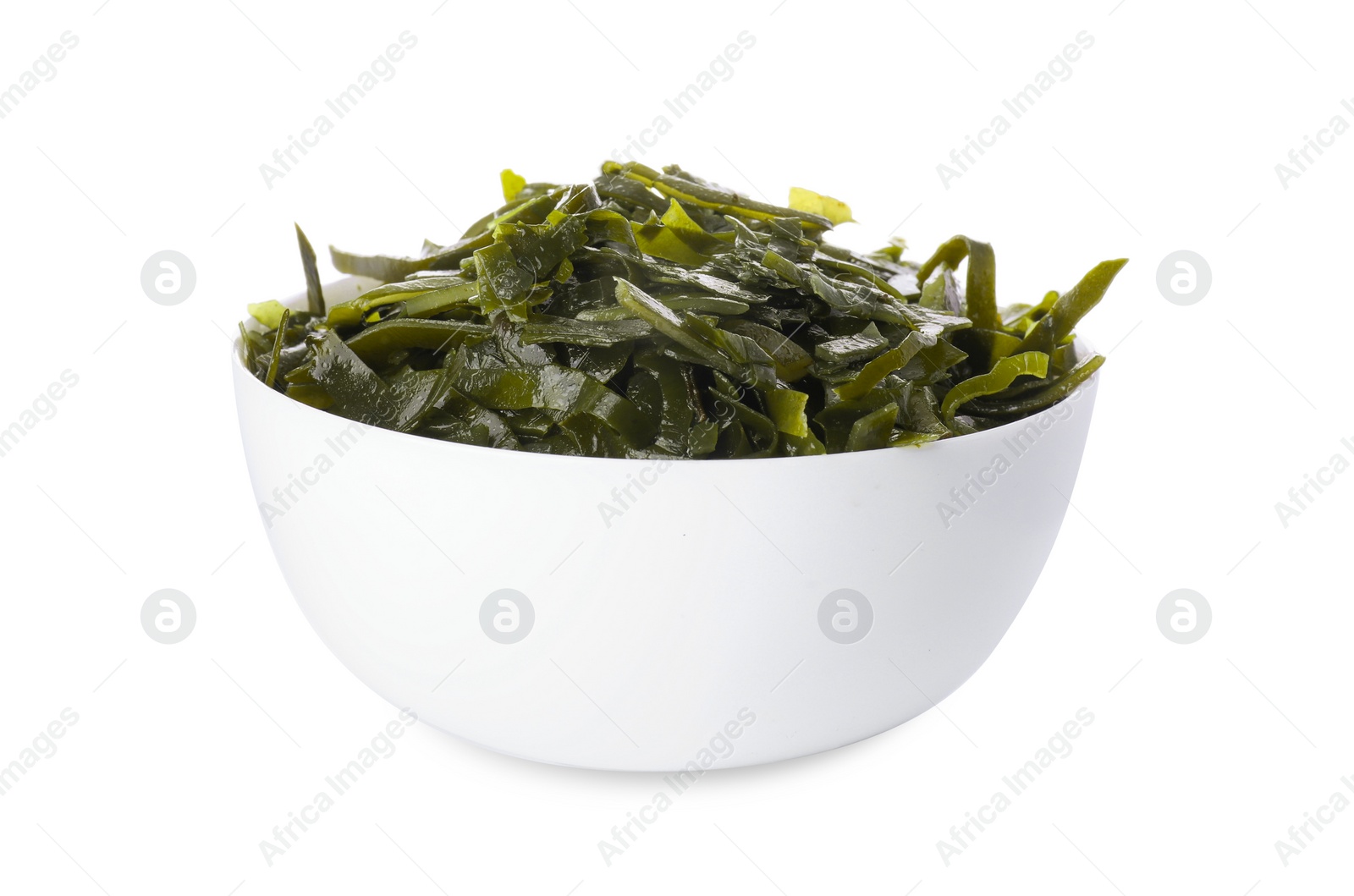 Photo of Fresh laminaria (kelp) seaweed in bowl isolated on white