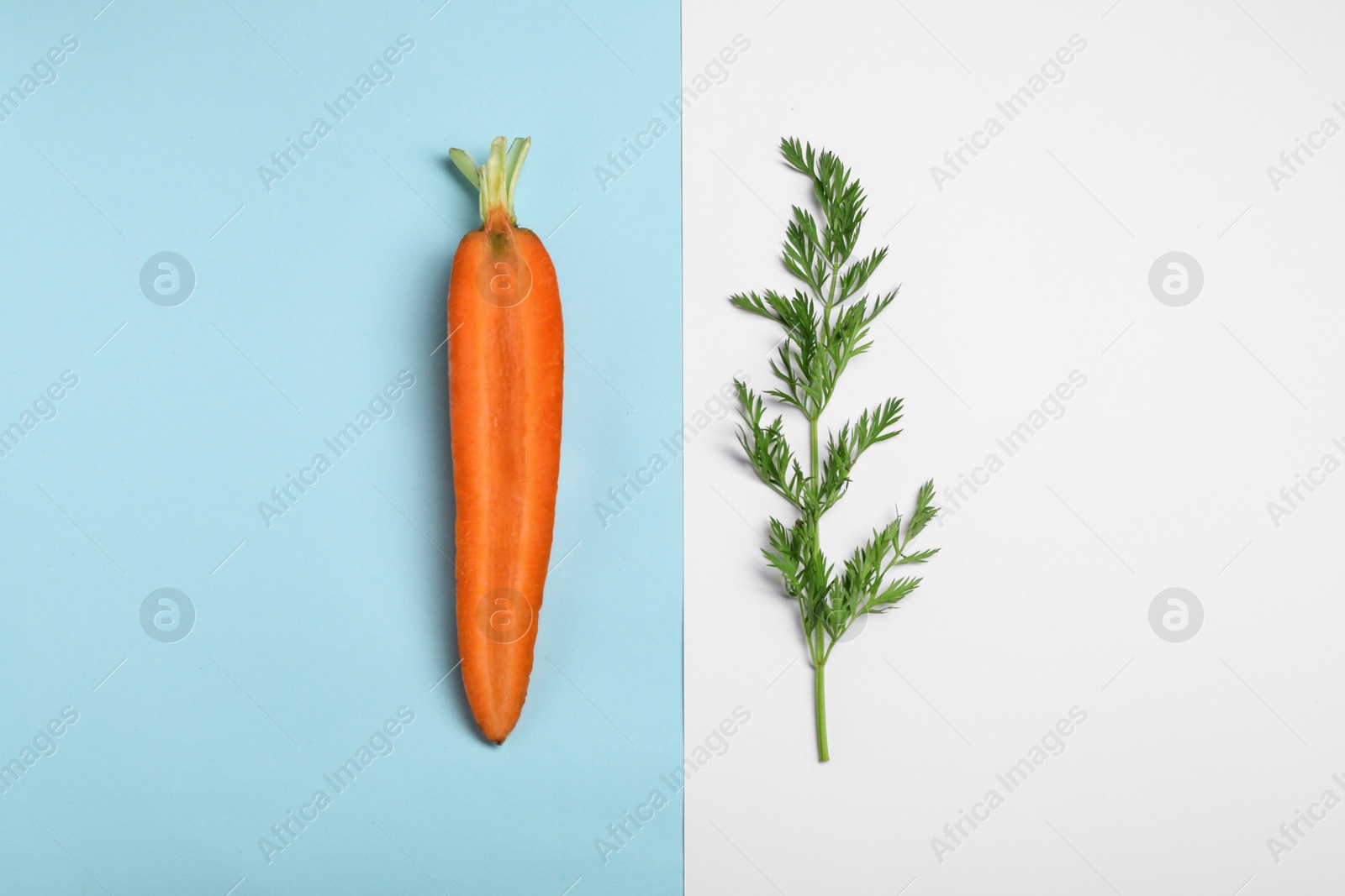 Photo of Creative flat lay composition with fresh ripe carrot on color background