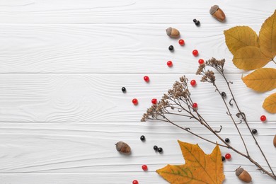Photo of Flat lay composition with autumn leaves, dried yarrow flowers and berries on white wooden table. Space for text