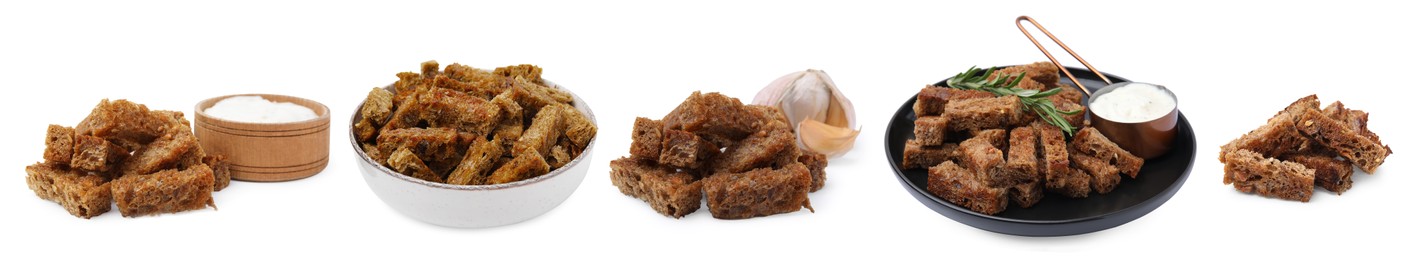 Image of Collage with tasty rye croutons on white background