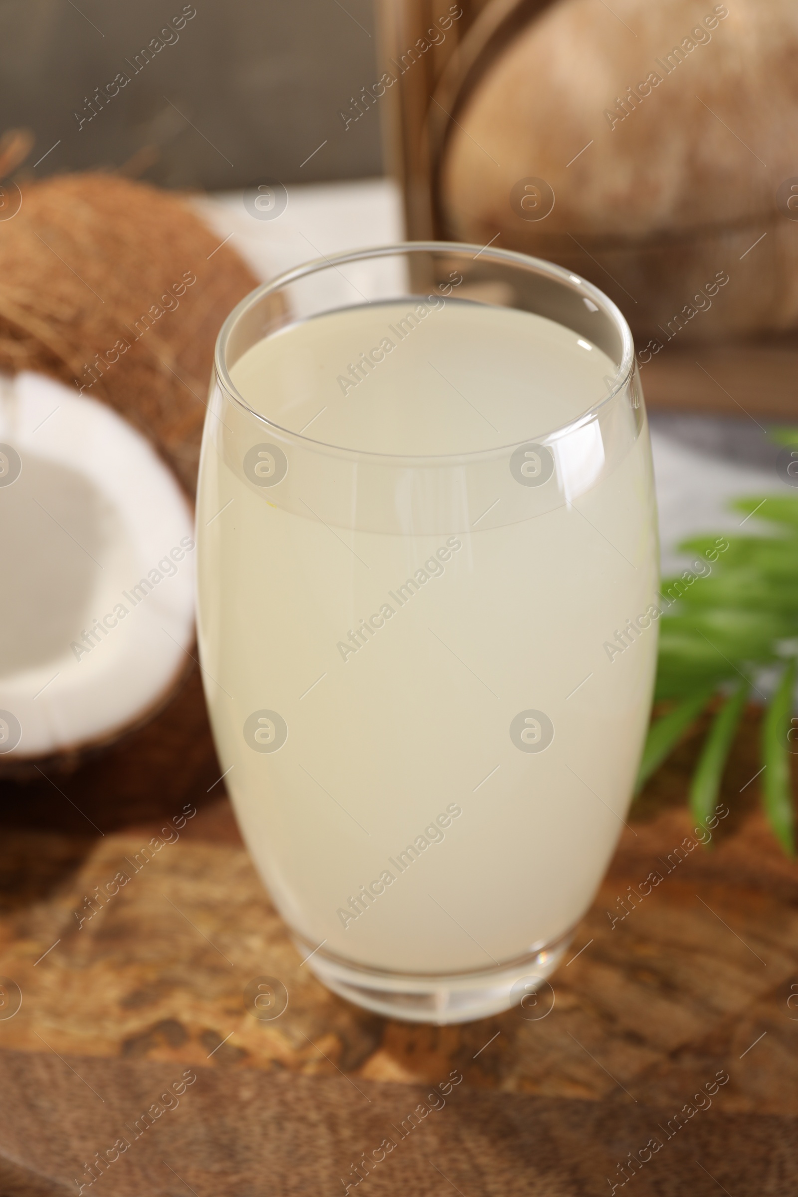 Photo of Glass of coconut water, palm leaf and nuts on grey table