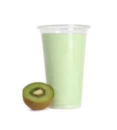 Delicious smoothie in plastic cup and fresh kiwi isolated on white