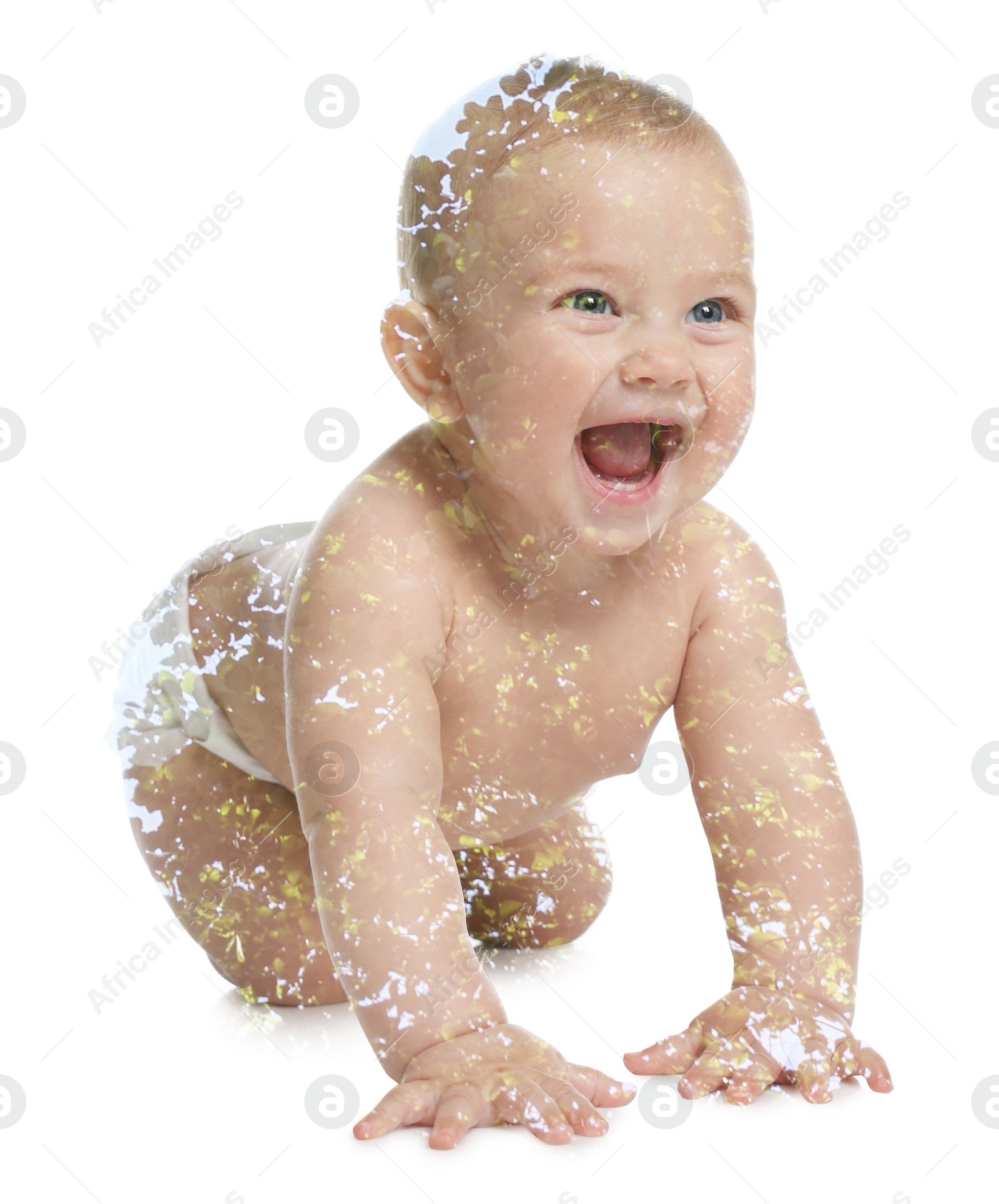 Image of Double exposure of cute little child and green tree on white background