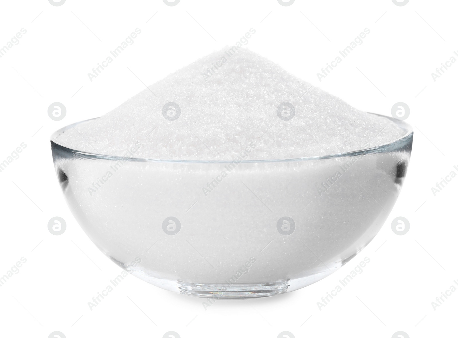 Photo of Granulated sugar in glass bowl isolated on white