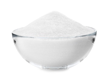 Granulated sugar in glass bowl isolated on white