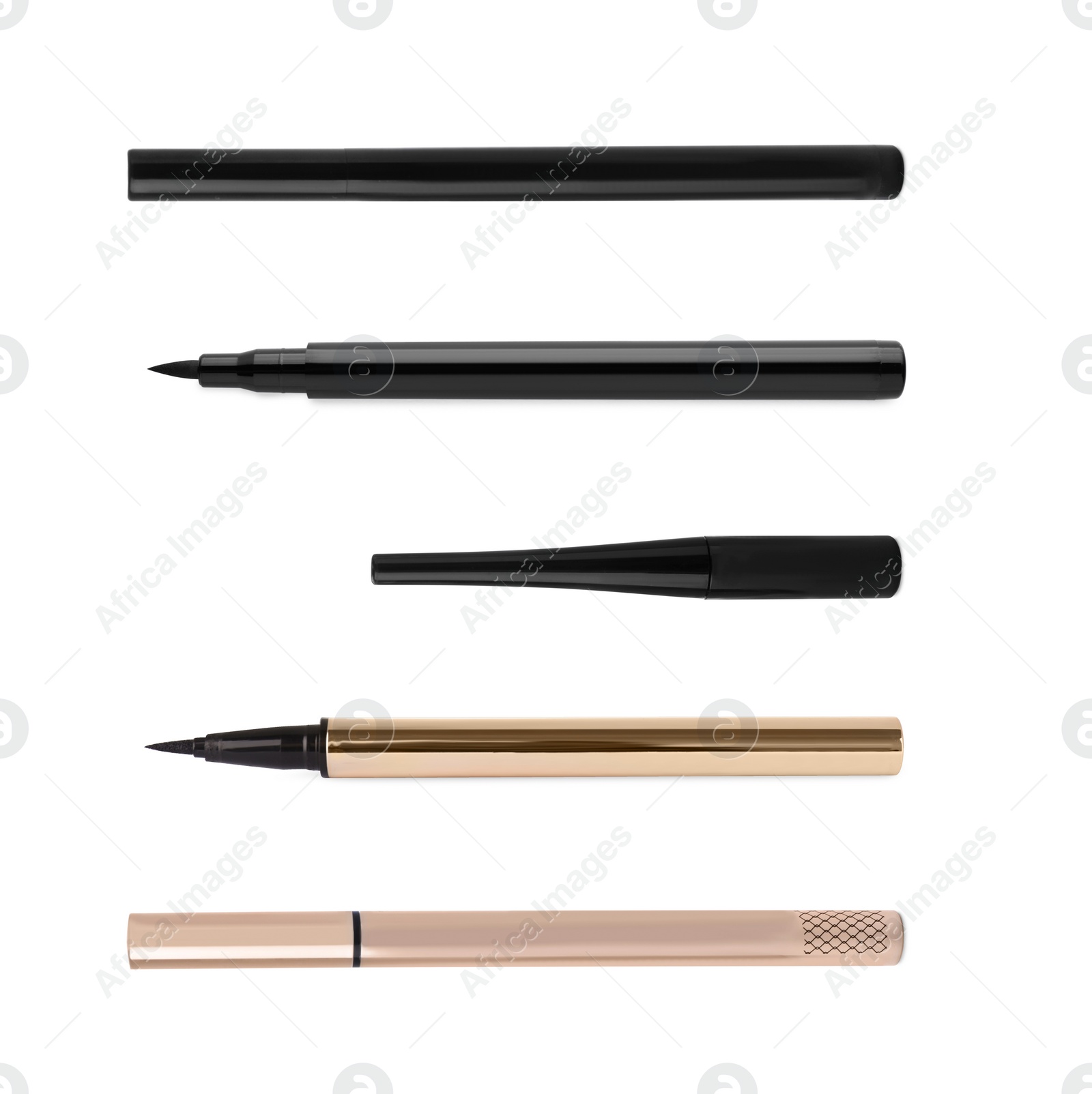 Image of Collage with different eyeliners on white background, top view