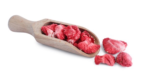 Photo of Wooden scoop with freeze dried strawberries on white background