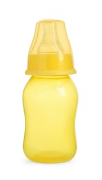 Empty yellow feeding bottle for infant formula isolated on white