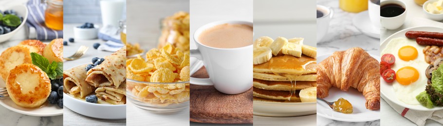 Image of Assortment of tasty breakfasts. Collage with different meals