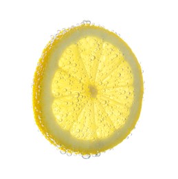 Slice of lemon in sparkling water on white background. Citrus soda