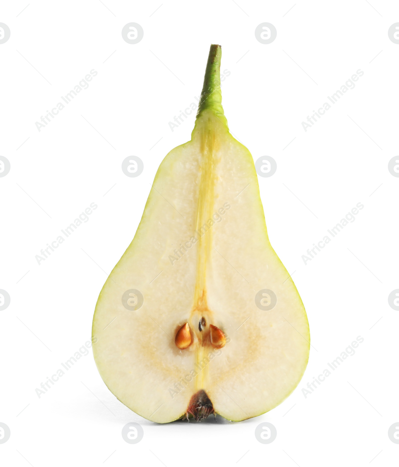 Photo of Half of ripe pear on white background