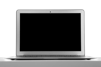 Photo of Laptop with blank screen on white background. Modern technology