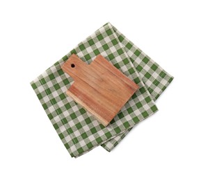 Wooden cutting board and checkered towel isolated on white, top view