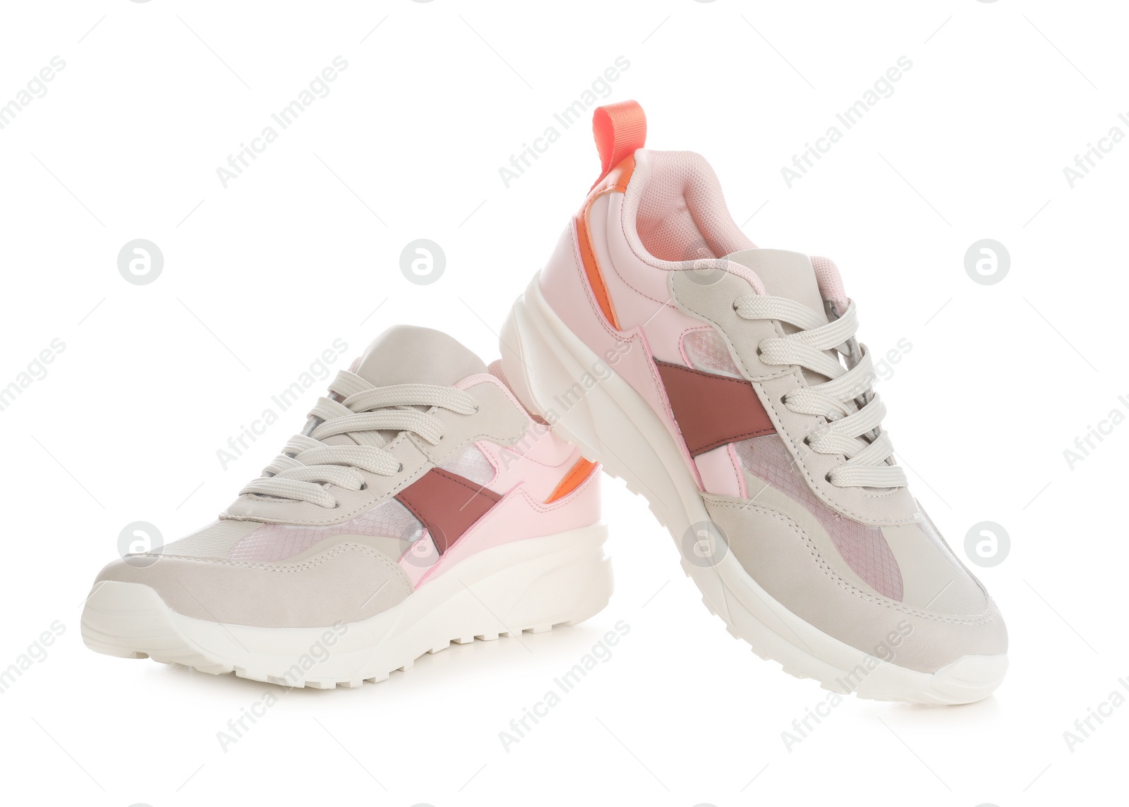 Photo of Pair of stylish shoes on white background