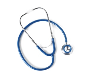 Photo of Stethoscope on white background, top view. Medical device