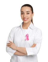 Photo of Mammologist with pink ribbon on white background. Breast cancer awareness