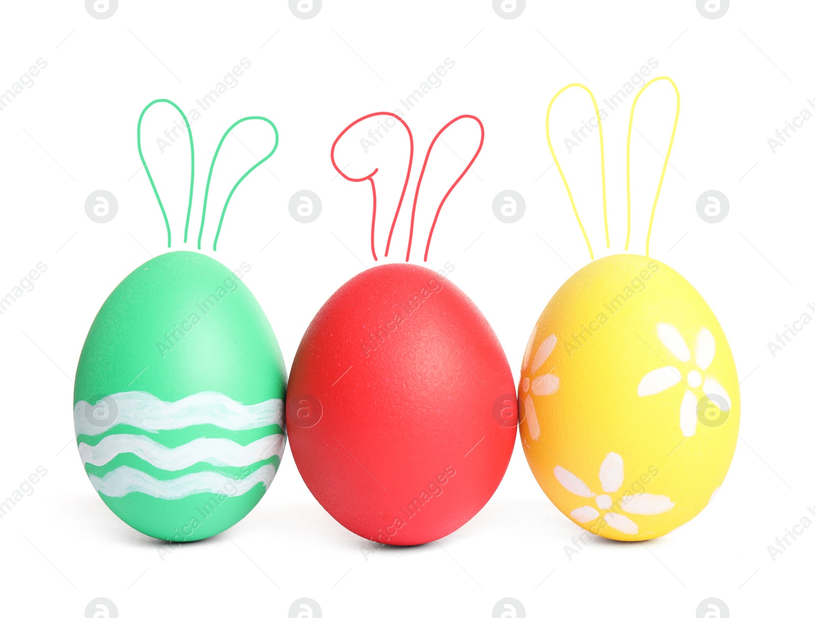 Image of Colorful Easter eggs with cute bunny ears isolated on white