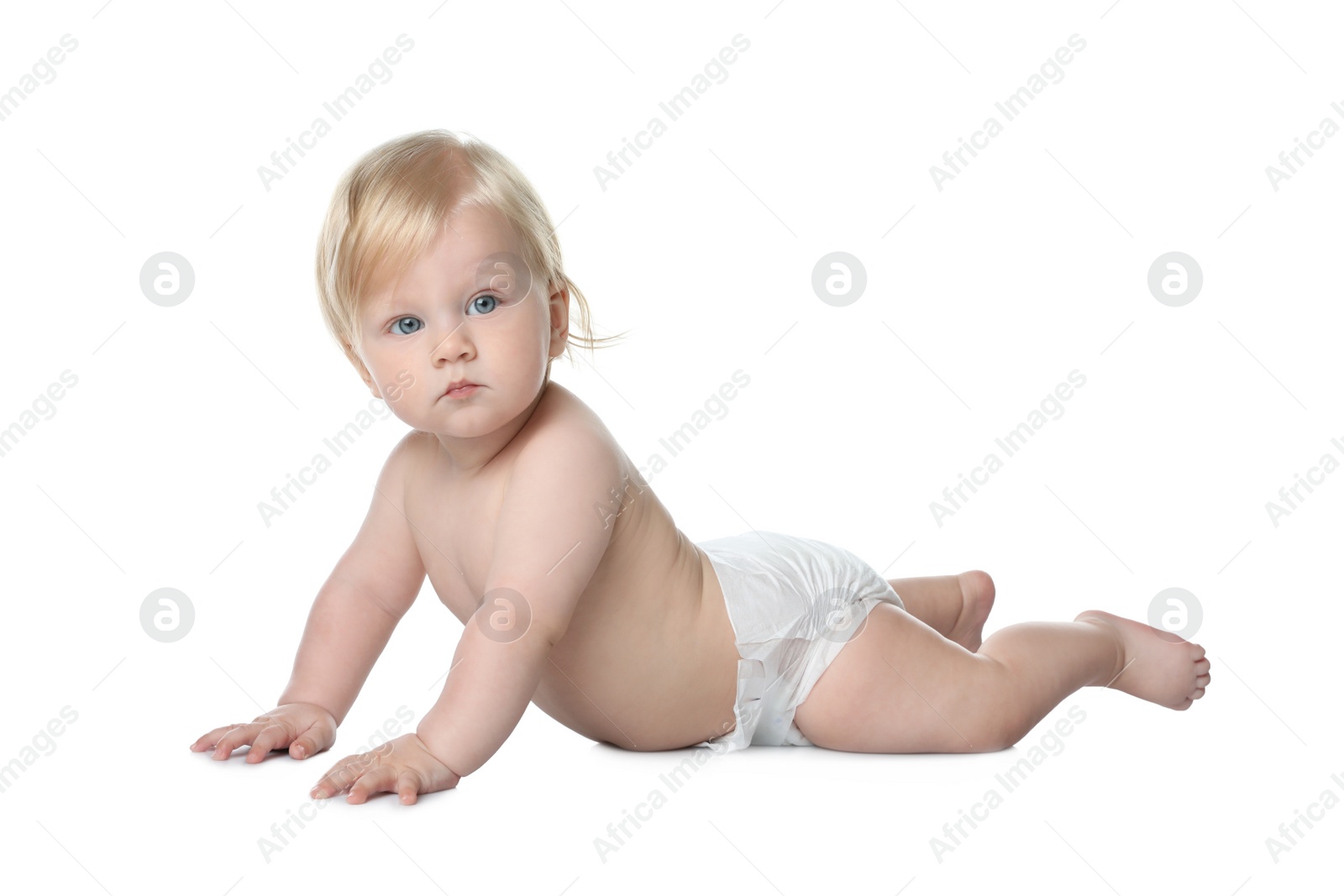 Photo of Cute little baby in diaper on white background