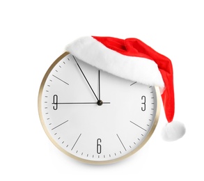 Clock with Santa hat showing five minutes until midnight on white background. New Year countdown