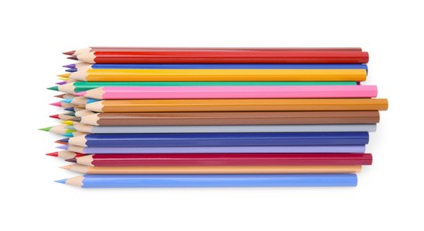 Pile of colorful wooden pencils on white background, top view