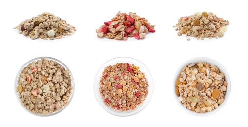 Image of Set with different delicious granola on white background. Banner design