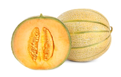 Photo of Tasty cut and whole fresh melons isolated on white