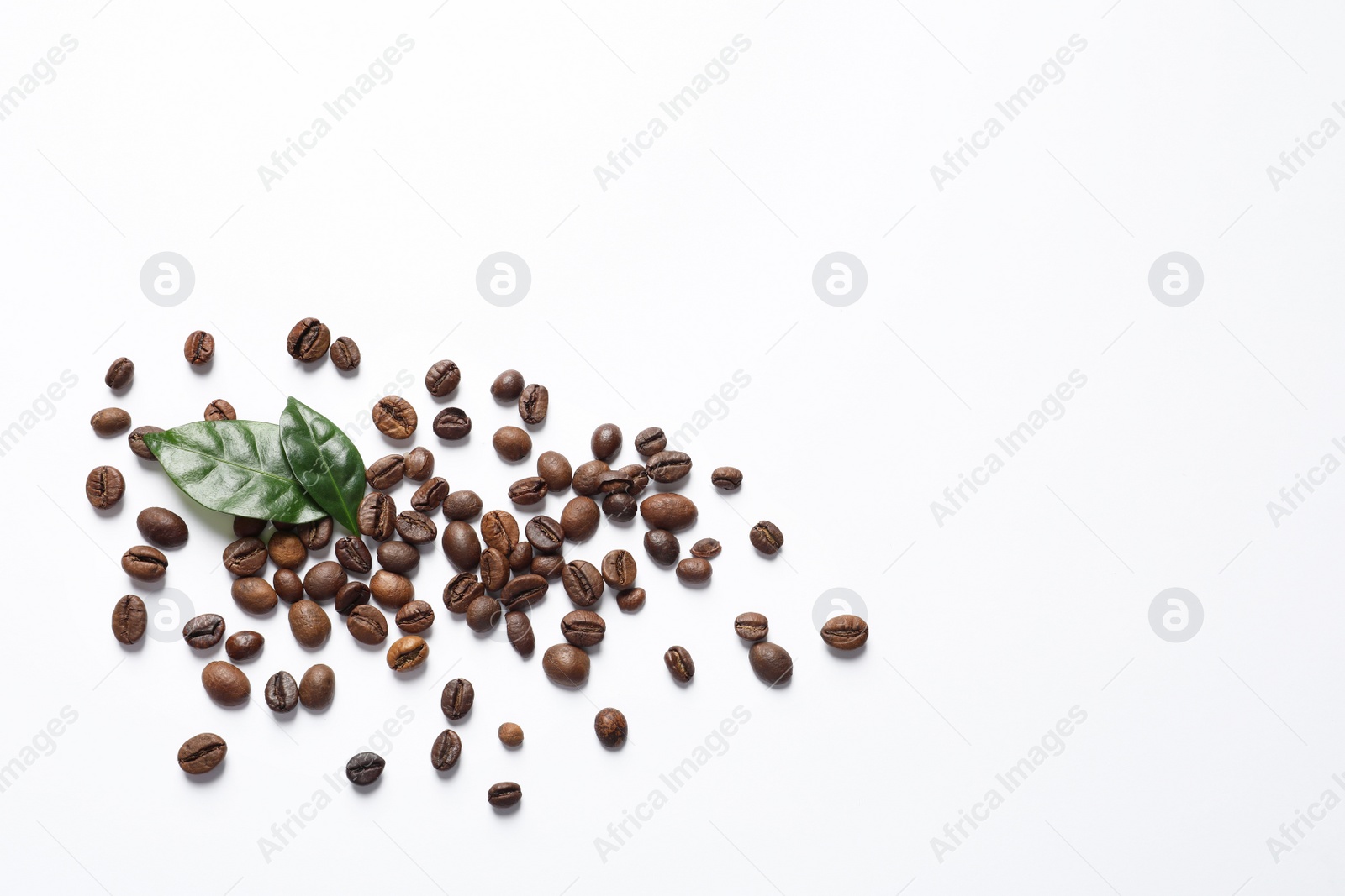 Photo of Fresh green coffee leaves and beans on white background, top view