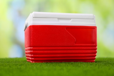 Photo of One plastic cool box on artificial grass, closeup